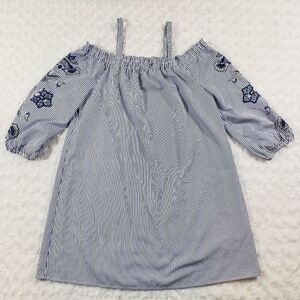 As U Wish blue and white striped off the shoulder tunic blouse with embroidered